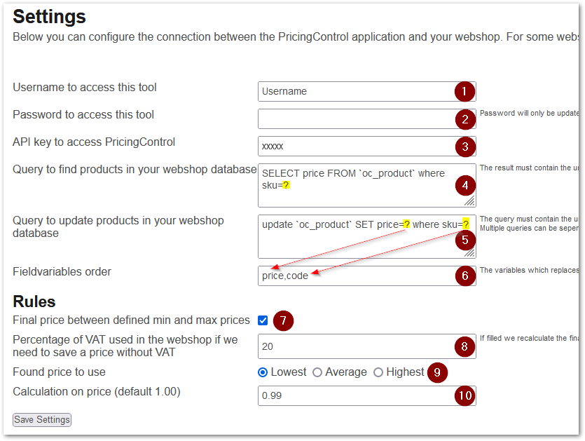 Webshop connector API settings